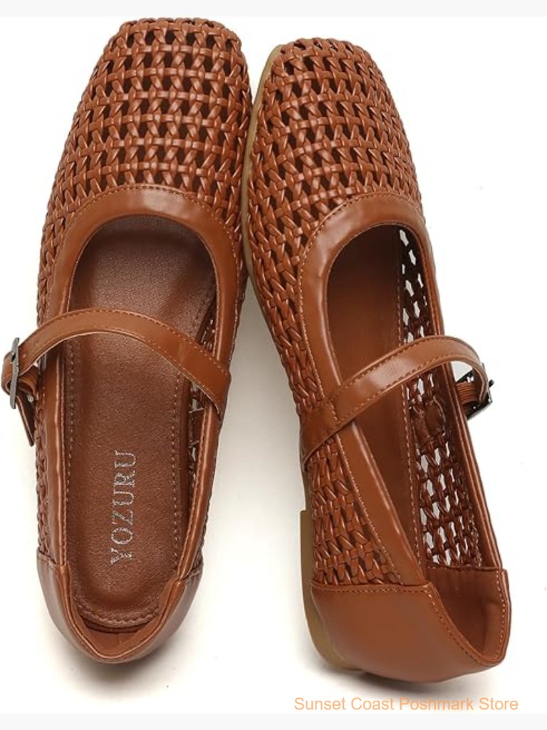 Woven Mesh Mary Jane Ballet Flats Square Toe Buckle Strap Comfortable